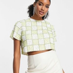 NWT ASOS DESIGN CROPPED OPEN BACK SHIRT LIME/WHITE SEQUIN